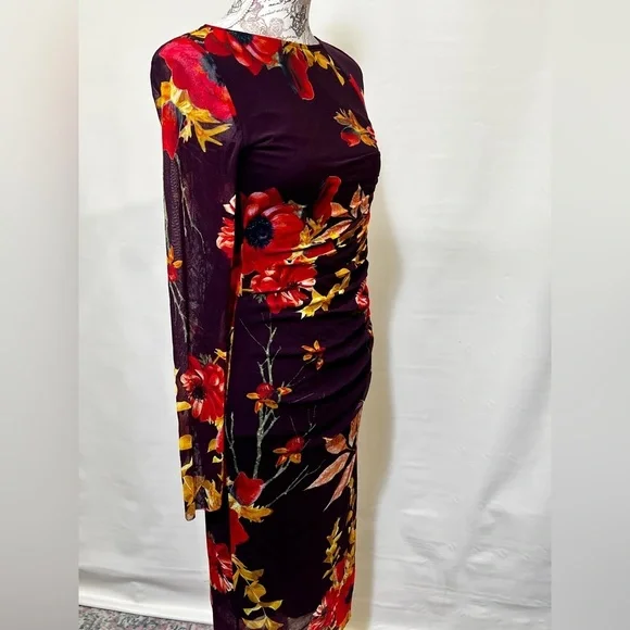 FUZZI Dark burgundy floral stretch midi dress size S/M.‎